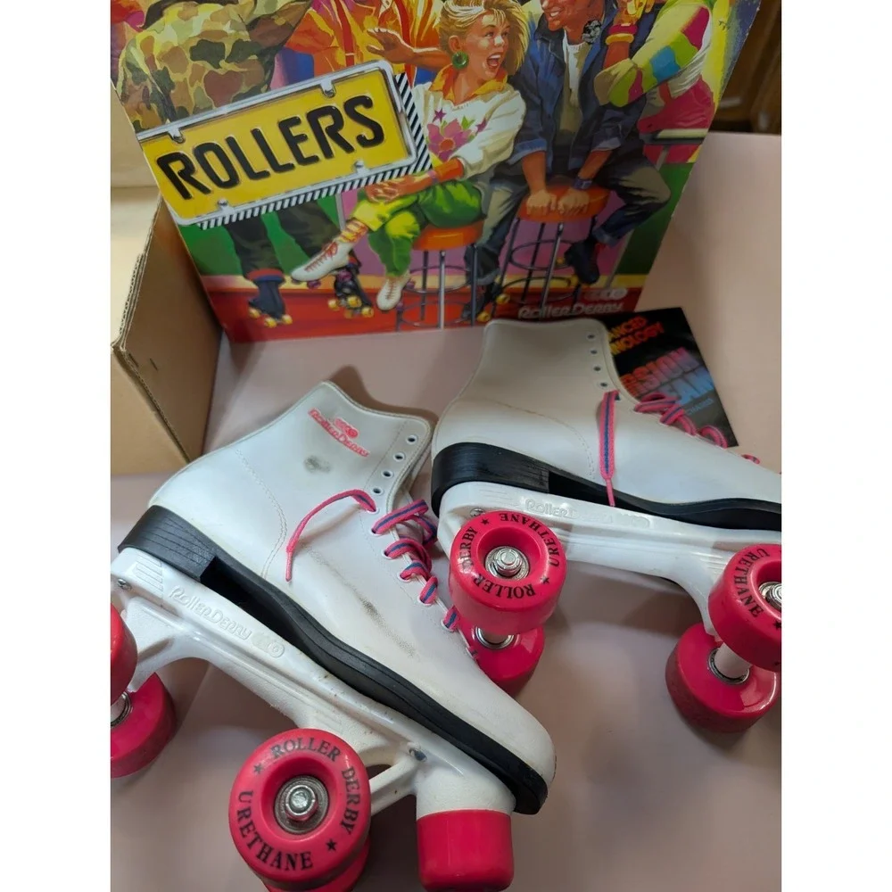 Vtg ROLLER DERBY Rollers Roller Skates White Neon Pink 4-Wheel 80s box Sz 8 - Picture 2 of 7